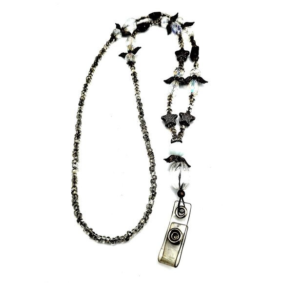 Beaded Angel Badge Lanyard Necklace – Clear Crystal Beads, Star Charms, ID Clip - Picture 1 of 8